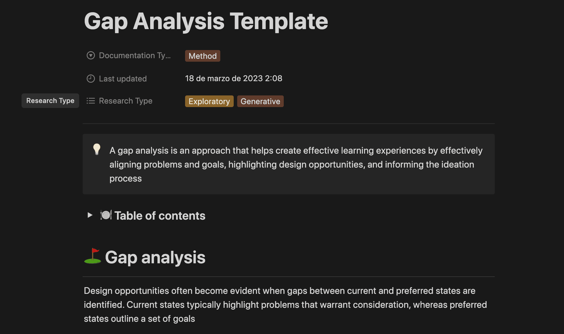 Notion's Gap Analysis Template helps you document the process or support you if it's your first time conducting one.