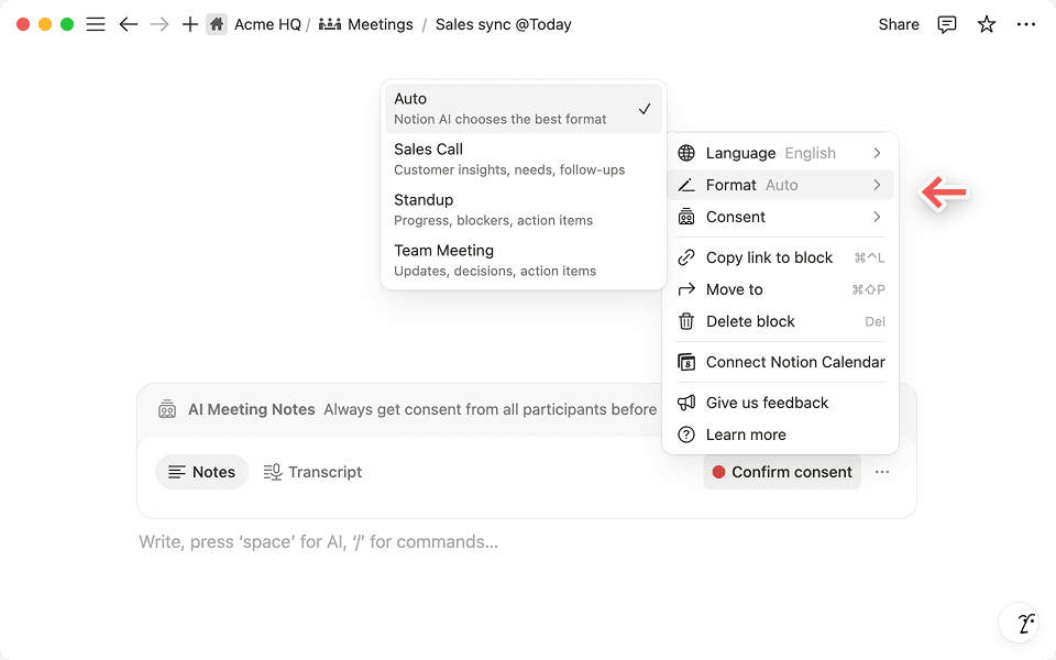 Choose the format option for your meeting so Notion AI can organize your conversation more effectively.
