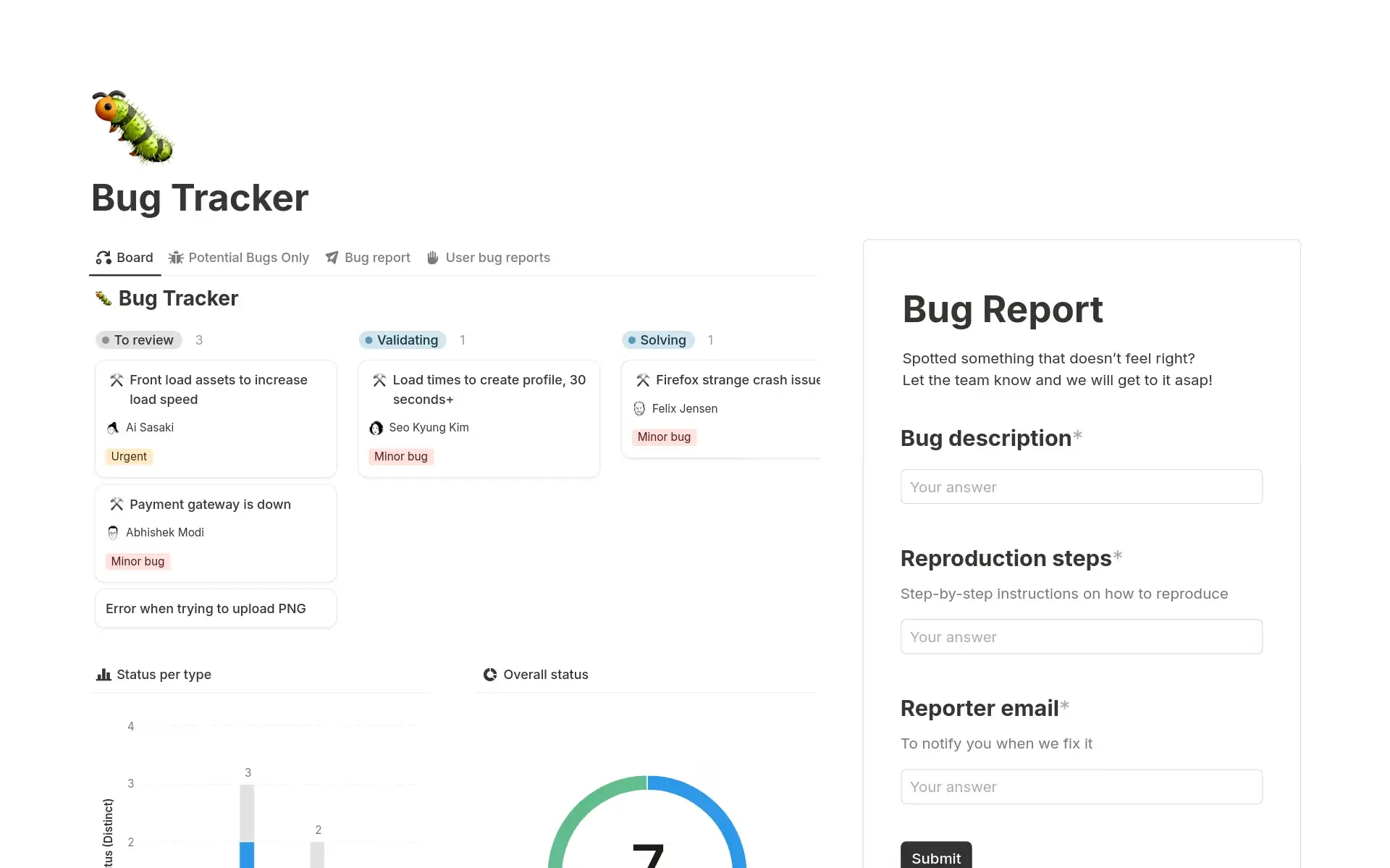 A bug tracker template in Notion
