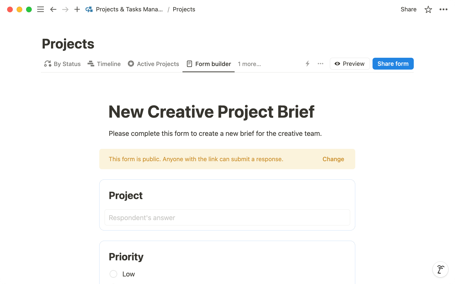 Add questions to your intake form using the forms builder.