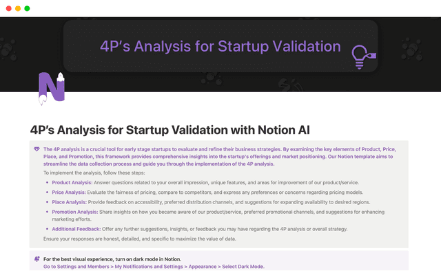 4P's Analysis for Startup Validation with Notion AI
